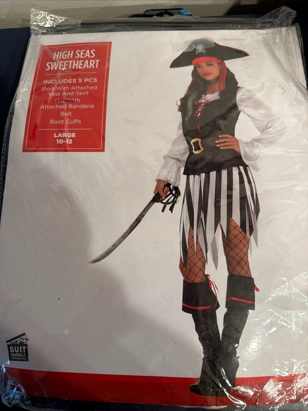 Adult Woman HIGH SEAS SWEETHEART Pirate COSTUME L 10-12 NEW 5pcs TOP/VEST/SKIRT+